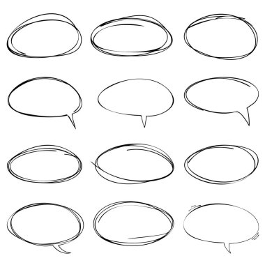Bir dizi el yapımı konuşma ovalleri. İletişim konuşma balonları. Vektör illüstrasyonu