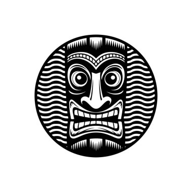 Tiki totem maskesi, Hawaii yerlisi klasik Mack ayini. Hawaii totemleri cennet tatili için barlar ve tatil köyleri için odun ve taş yaptılar. Vektör illüstrasyonu