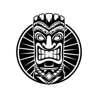 Tiki totem maskesi, Hawaii yerlisi klasik Mack ayini. Hawaii totemleri cennet tatili için barlar ve tatil köyleri için odun ve taş yaptılar. Vektör illüstrasyonu