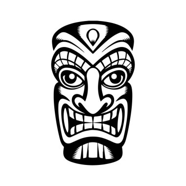 Tiki totem maskesi, Hawaii yerlisi klasik Mack ayini. Hawaii totemleri cennet tatili için barlar ve tatil köyleri için odun ve taş yaptılar. Vektör illüstrasyonu