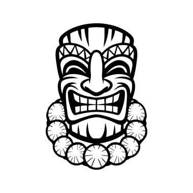 Tiki totem maskesi, Hawaii yerlisi klasik Mack ayini. Hawaii totemleri cennet tatili için barlar ve tatil köyleri için odun ve taş yaptılar. Vektör illüstrasyonu