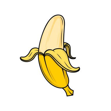 Çizgi film tarzında muz tasviri. Logo, etiket, rozet ve amblem için tasarım elemanı. Vektör illüstrasyonu
