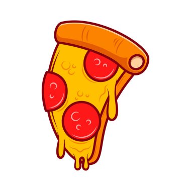 Pizza dilimi. Çizgi film pizza illüstrasyonu. Eritilmiş peynirli çizgi film ikonlu pizza. Amblem, poster, simge ve menü için tasarım ögesi. Vektör illüstrasyonu
