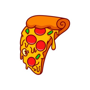 Pizza dilimi. Çizgi film pizza illüstrasyonu. Eritilmiş peynirli çizgi film ikonlu pizza. Amblem, poster, simge ve menü için tasarım ögesi. Vektör illüstrasyonu