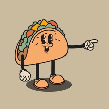 Çizgi film karakteri. Taco 'nun geçmişe dönük karakteri. Plastik hortumlu taco çizgi film maskotu. Amblem, imza, poster, menü ve kart için tasarım ögesi. Vektör illüstrasyonu