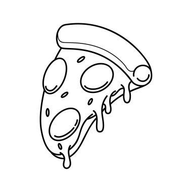 Pizza dilimi. Çizgi film pizza illüstrasyonu. Eritilmiş peynirli çizgi film ikonlu pizza. Amblem, poster, simge ve menü için tasarım ögesi. Vektör illüstrasyonu