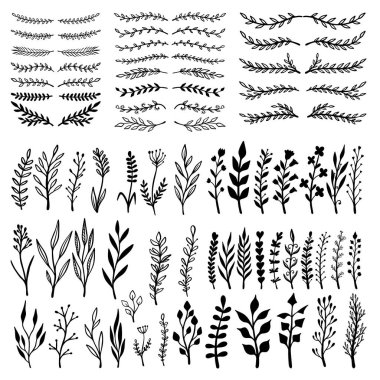 El yapımı yapraklar, dallar, çiçekler, yeşillikler. Pankart, işaret, poster ve dekorasyon için tasarım öğesi. Vektör illüstrasyonu