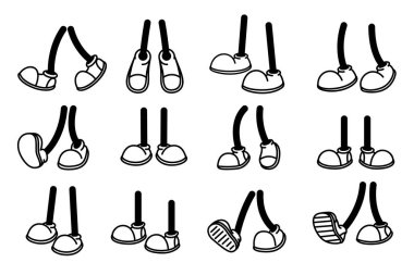 Ayakkabı içinde klasik karikatür ayakları. Çizme çizme. Farklı pozlarda komik retro ayaklar. Vektör illüstrasyonları