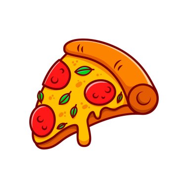 Pizza dilimi. Çizgi film pizza illüstrasyonu. Eritilmiş peynirli çizgi film ikonlu pizza. Amblem, poster, simge ve menü için tasarım ögesi. Vektör illüstrasyonu