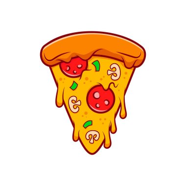Pizza dilimi. Çizgi film pizza illüstrasyonu. Eritilmiş peynirli çizgi film ikonlu pizza. Amblem, poster, simge ve menü için tasarım ögesi. Vektör illüstrasyonu