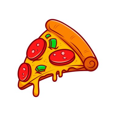 Pizza dilimi. Çizgi film pizza illüstrasyonu. Eritilmiş peynirli çizgi film ikonlu pizza. Amblem, poster, simge ve menü için tasarım ögesi. Vektör illüstrasyonu