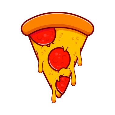 Pizza dilimi. Çizgi film pizza illüstrasyonu. Eritilmiş peynirli çizgi film ikonlu pizza. Amblem, poster, simge ve menü için tasarım ögesi. Vektör illüstrasyonu