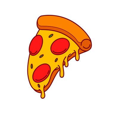 Pizza dilimi. Çizgi film pizza illüstrasyonu. Eritilmiş peynirli çizgi film ikonlu pizza. Amblem, poster, simge ve menü için tasarım ögesi. Vektör illüstrasyonu