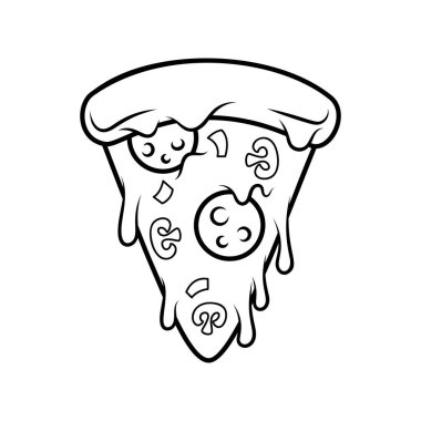 Pizza dilimi. Çizgi film pizza illüstrasyonu. Eritilmiş peynirli çizgi film ikonlu pizza. Amblem, poster, simge ve menü için tasarım ögesi. Vektör illüstrasyonu