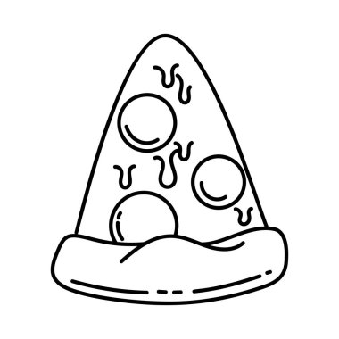 Pizza dilimi. Çizgi film pizza illüstrasyonu. Eritilmiş peynirli çizgi film ikonlu pizza. Amblem, poster, simge ve menü için tasarım ögesi. Vektör illüstrasyonu