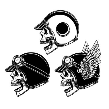 Beyaz arka planda bir grup motorcu kafatası. Logo, etiket, tabela, poster ve tişört için tasarım elemanı. Vektör illüstrasyonu