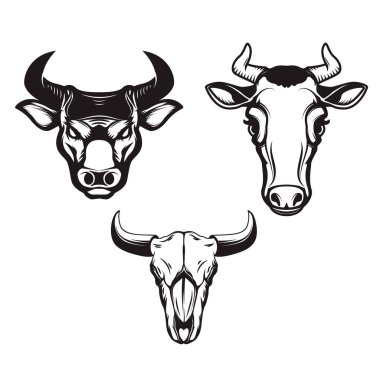 Elle çizilmiş boğa başları beyaz arka plan üzerinde kümesi. Arma, işaret, rozet için tasarım öğeleri. Vektör çizim