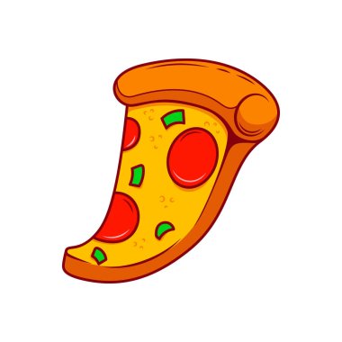 Pizza dilimi. Çizgi film pizza illüstrasyonu. Eritilmiş peynirli çizgi film ikonlu pizza. Amblem, poster, simge ve menü için tasarım ögesi. Vektör illüstrasyonu