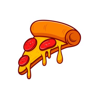 Pizza dilimi. Çizgi film pizza illüstrasyonu. Eritilmiş peynirli çizgi film ikonlu pizza. Amblem, poster, simge ve menü için tasarım ögesi. Vektör illüstrasyonu