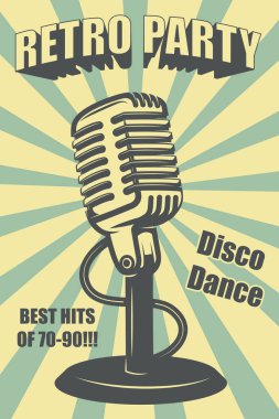 Retro parti. Retro tarzı mikrofonlu poster şablonu. Pankart, işaret, el ilanı için tasarım elemanı. Vektör illüstrasyonu