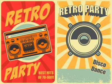 Retro parti. Retro tarzı boombox ve mikrofonlu poster şablonu. Pankart, işaret, el ilanı için tasarım elemanı. Vektör illüstrasyonu