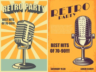 Retro parti. Retro tarzı mikrofonlu poster şablonu. Pankart, işaret, el ilanı için tasarım elemanı. Vektör illüstrasyonu