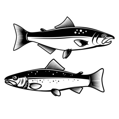 Dizi Somon Balık beyaz arka plan üzerinde izole simgeler. Tasarım öğesi için poster, logo, etiket, arma, işaret, t gömlek. Vektör çizim