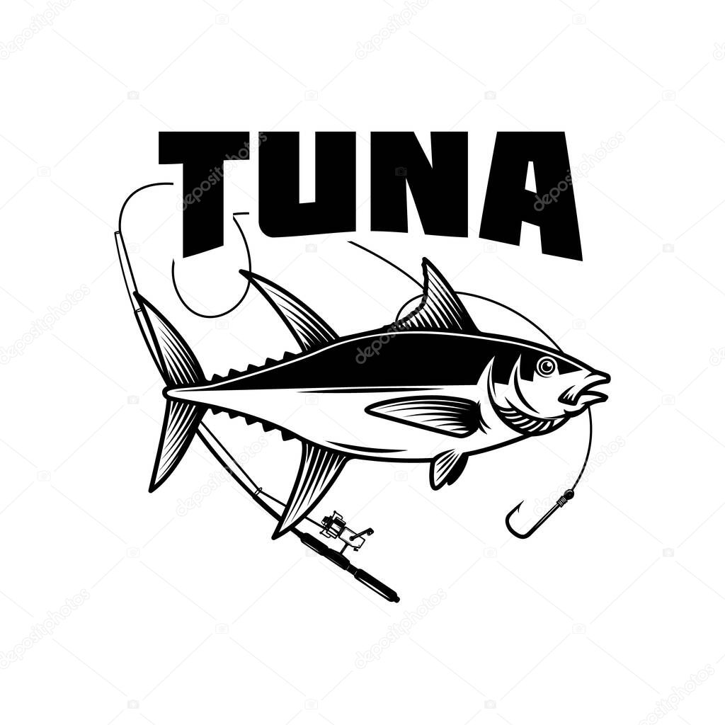Tuna fishing. Yellowfin tuna and fishing rod. Design element for logo, label, emblem, sign, poster, card. Vector illustration