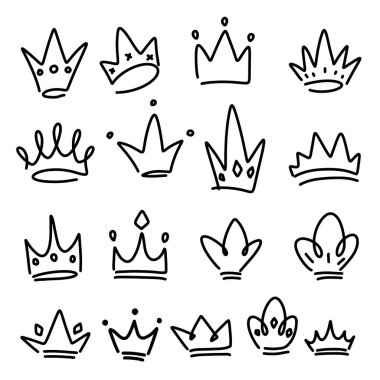 Çizim tarzında bir dizi taç çizimi. Corona sembolleri. Taç simgeleri.