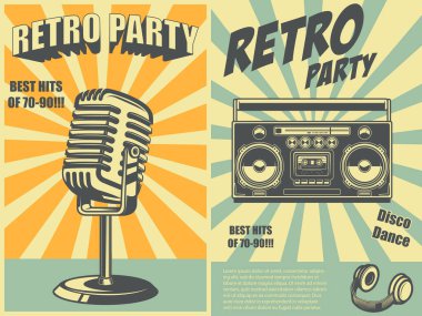 Retro parti. Retro tarzı boombox ve mikrofonlu poster şablonu. Pankart, işaret, el ilanı için tasarım elemanı. Vektör illüstrasyonu