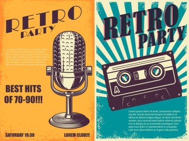 Retro parti. Retro tarzı boombox ve mikrofonlu poster şablonu. Pankart, işaret, el ilanı için tasarım elemanı. Vektör illüstrasyonu