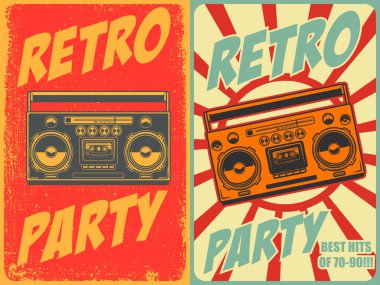 Retro parti. Eski tarz boombox ile poster şablonu. Pankart, işaret, el ilanı için tasarım elemanı. Vektör illüstrasyonu