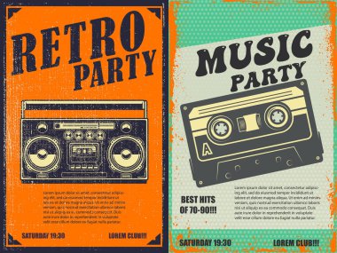 Retro parti. Retro tarzı boombox ve mikrofonlu poster şablonu. Pankart, işaret, el ilanı için tasarım elemanı. Vektör illüstrasyonu
