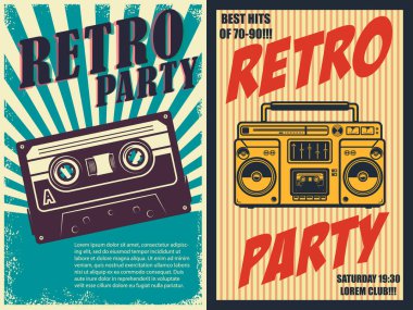 Retro parti. Retro tarzı boombox ve mikrofonlu poster şablonu. Pankart, işaret, el ilanı için tasarım elemanı. Vektör illüstrasyonu