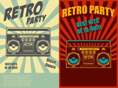 Retro parti. Eski tarz boombox ile poster şablonu. Pankart, işaret, el ilanı için tasarım elemanı. Vektör illüstrasyonu