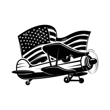 Amerikan bayrağı taşıyan Retro uçak. Poster, kart, pankart, imza için tasarım elemanı. Vektör illüstrasyonu