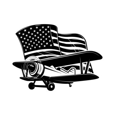 Amerikan bayrağı taşıyan Retro uçak. Poster, kart, pankart, imza için tasarım elemanı. Vektör illüstrasyonu