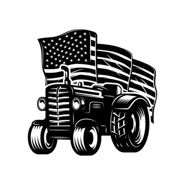 Amerikan bayrağı geçmişinde traktör. Amblem, işaret, rozet, poster tasarımı. Vektör illüstrasyonu