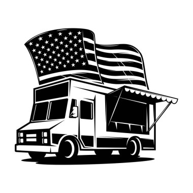 Amerikan bayrağı taşıyan Retro yemek kamyonu. Poster, kart, pankart, imza için tasarım elemanı. Vektör illüstrasyonu