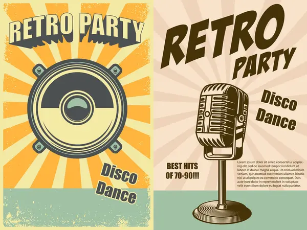 Retro parti. Retro tarzı boombox ve mikrofonlu poster şablonu. Pankart, işaret, el ilanı için tasarım elemanı. Vektör illüstrasyonu