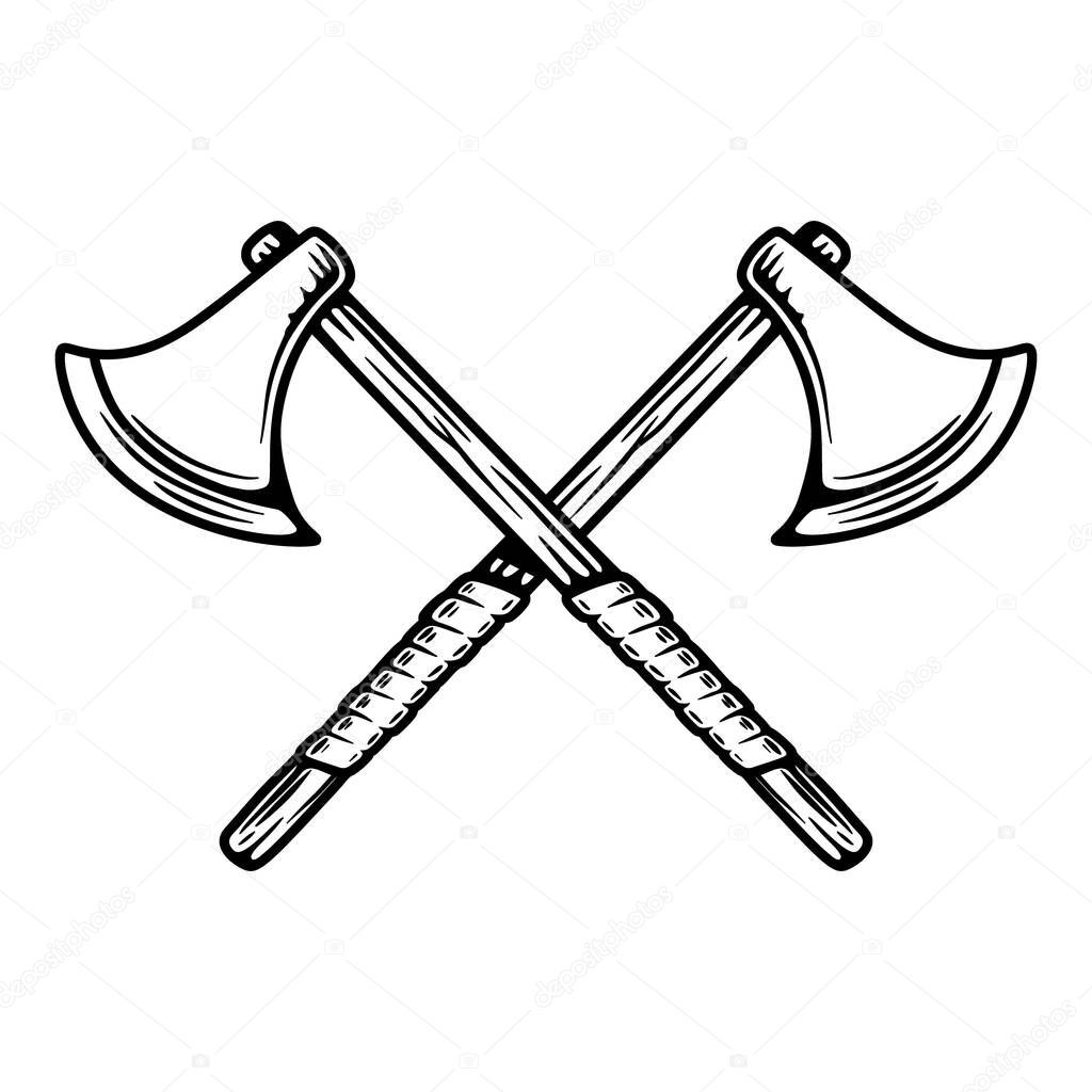 Illustration of two crossed viking axe in engraving style. Design element for logo, emblem, sign, poster, card, banner. Vector illustration