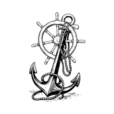 Çapa ve seyrüsefer çarkının eski oyma çizimleri. Vektör illüstrasyonu