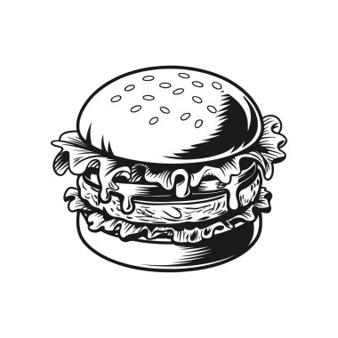 Hamburger tasviri. Hamburger amblemi. Vektör illüstrasyonu
