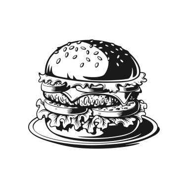 Hamburger tasviri. Hamburger amblemi. Vektör illüstrasyonu