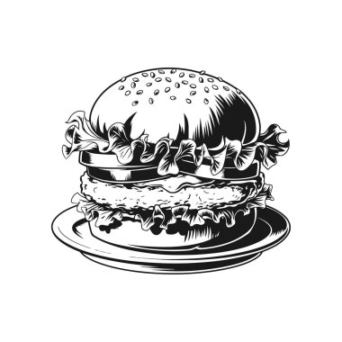 Hamburger tasviri. Hamburger amblemi. Vektör illüstrasyonu
