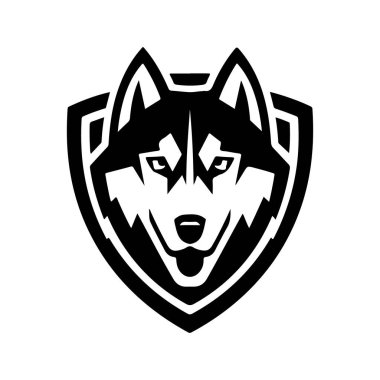 Beyaz arka planda izole edilmiş Husky kafa çizimi. Husky köpeğiyle amblem şablonu. Amblem, imza, poster, etiket için tasarım ögesi.