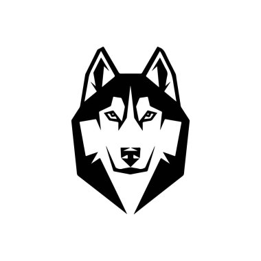 Beyaz arka planda izole edilmiş Husky kafa çizimi. Husky köpeğiyle amblem şablonu. Amblem, imza, poster, etiket için tasarım ögesi.