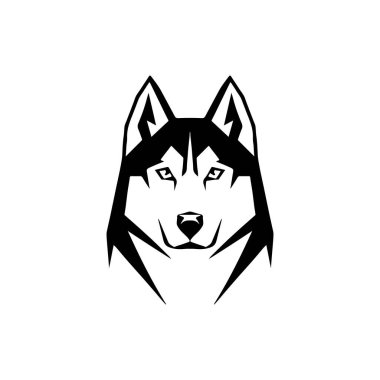 Beyaz arka planda izole edilmiş Husky kafa çizimi. Husky köpeğiyle amblem şablonu. Amblem, imza, poster, etiket için tasarım ögesi.