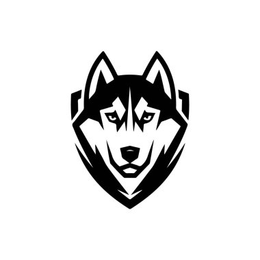 Beyaz arka planda izole edilmiş Husky kafa çizimi. Husky köpeğiyle amblem şablonu. Amblem, imza, poster, etiket için tasarım ögesi.