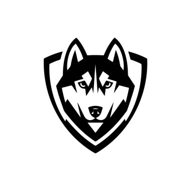 Beyaz arka planda izole edilmiş Husky kafa çizimi. Husky köpeğiyle amblem şablonu. Amblem, imza, poster, etiket için tasarım ögesi.